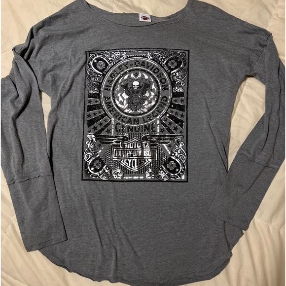 Harley Davidson Rhinestone Shirt Sleeve Gray Black Skull Motorcycle Sz Large - Picture 7 of 12